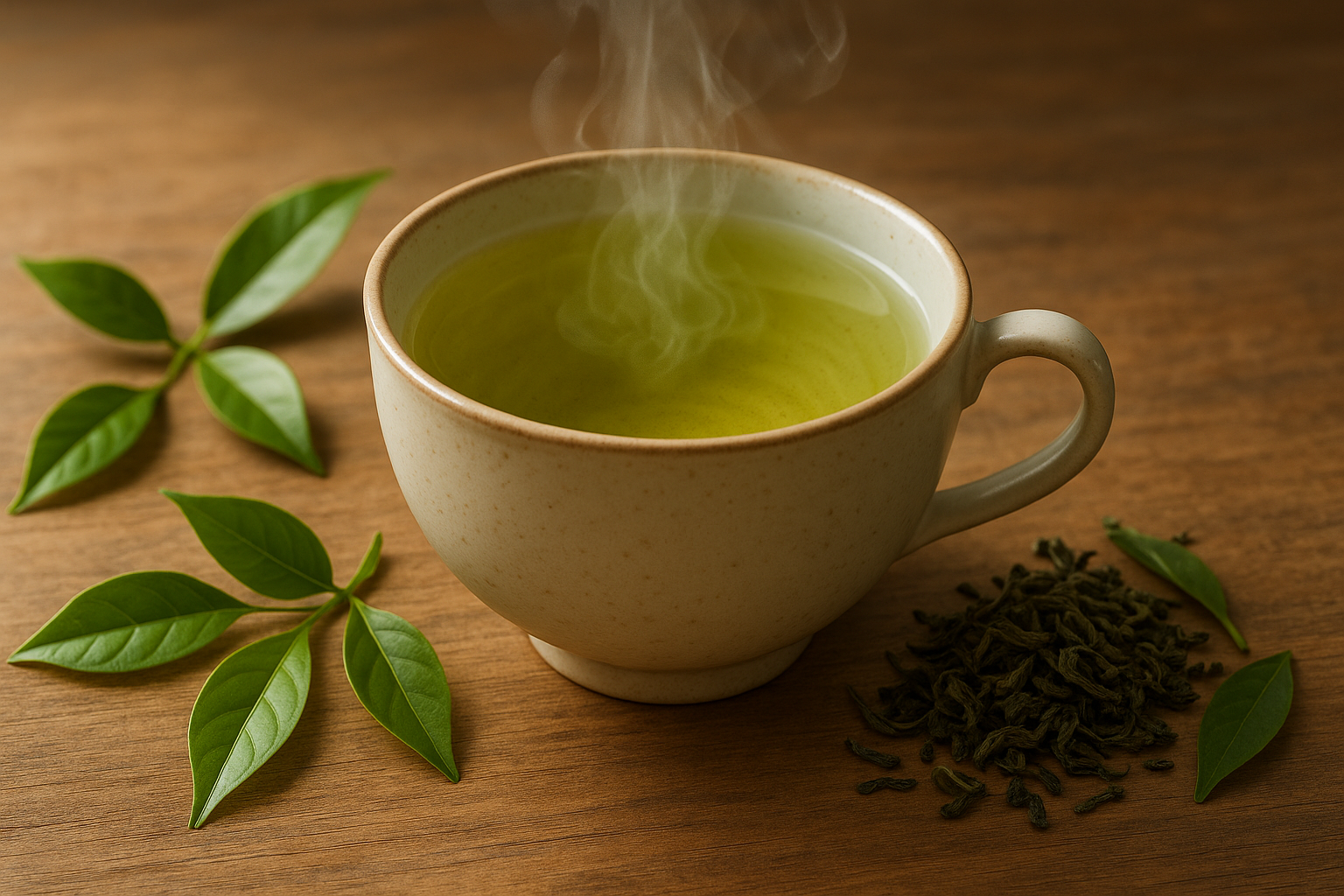 a cut of hot green tea and green tea leaves nearby